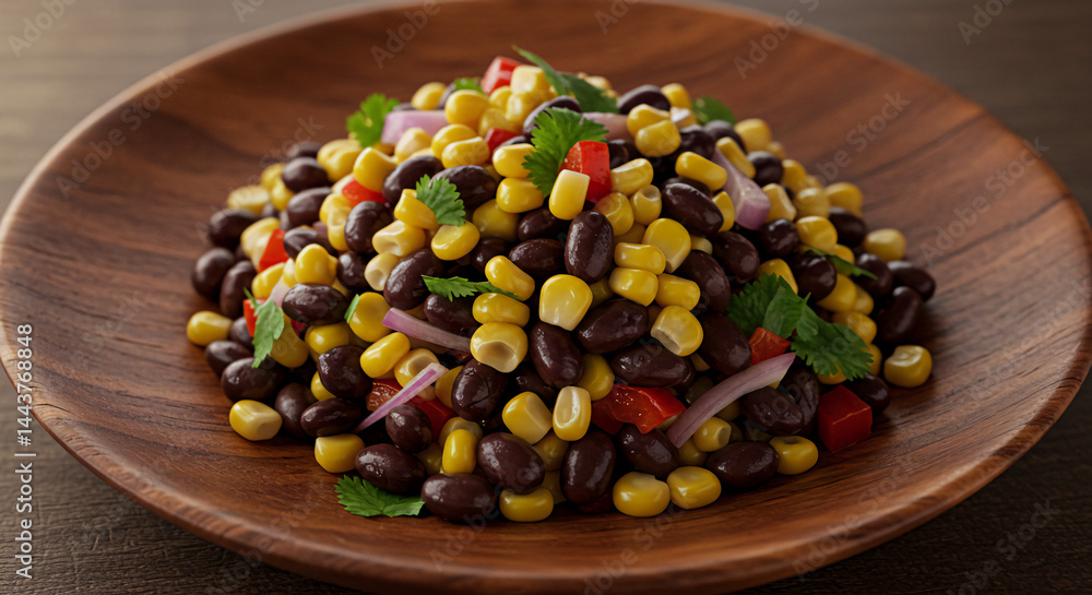 Black bean and corn salad with red onions and cilantro, artfully presented on a rustic wooden plate in natural kitchen light.
Black bean and corn salad with red onions and cilantro, artfully presented on a rustic wooden plate in natural kitchen light.