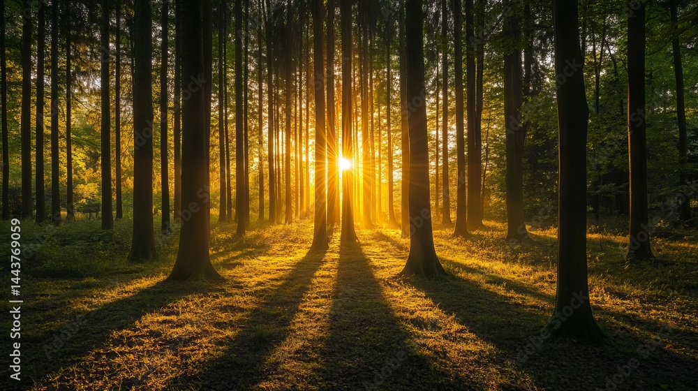 Obraz premium Golden sunrise rays in a lush green forest landscape with tall trees calm view park leaf path light