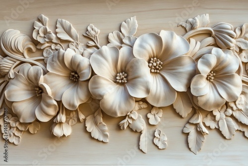 Ornate wooden floral carving design on a light background.