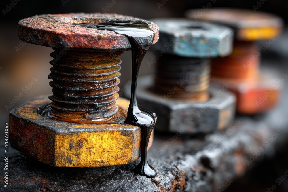 Viscous Dark Fluid Drizzles over Threaded Bolt and Hex Nut Fasteners Exhibiting Corrosion and Weathered Finishes Viscous Dark Fluid Drizzles over Threaded Bolt and Hex Nut Fasteners Exhibiting Corrosion and Weathered Finishes
