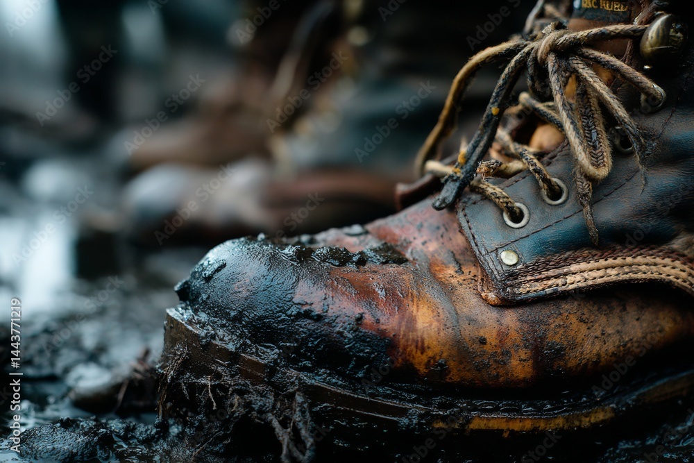 Heavily soiled leather work boot showing signs of hard labor, resting in mud, ready for the next task or challenge Heavily soiled leather work boot showing signs of hard labor, resting in mud, ready for the next task or challenge