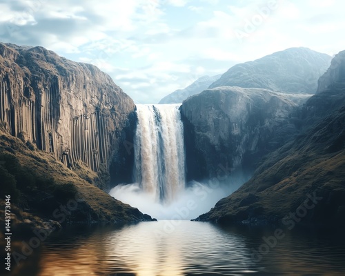 Waterfall Reflections, Rocky Cliffs, Photography, Majestic Waterfall Cascading Down Rock Formations with Soft Mist