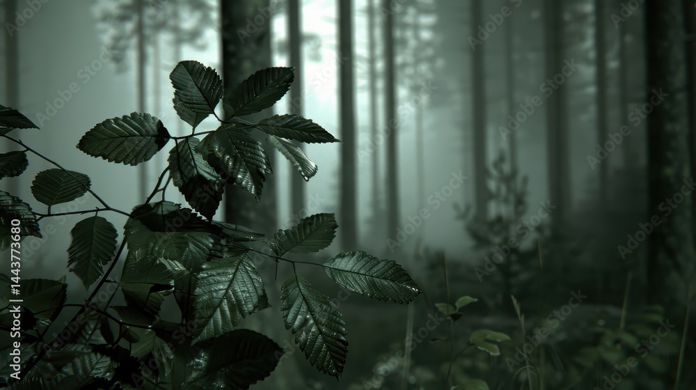 Lush green foliage contrasts with a misty, dark forest backdrop, creating a moody and atmospheric scene