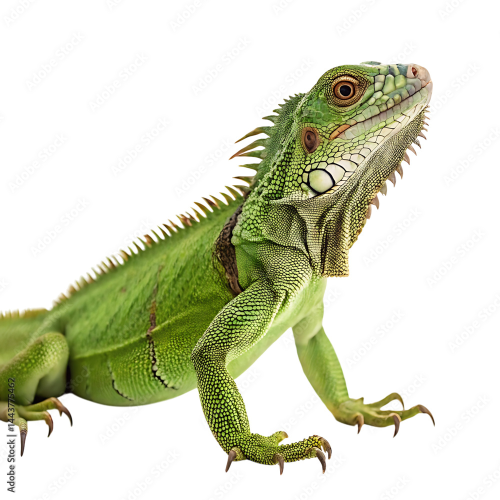 Obraz premium A striking green iguana with spiny features, captured in a confident pose against a clean Transparent Background