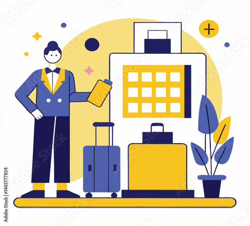 An elegant hotel concierge holds a clipboard near luggage and architectural shapes on white