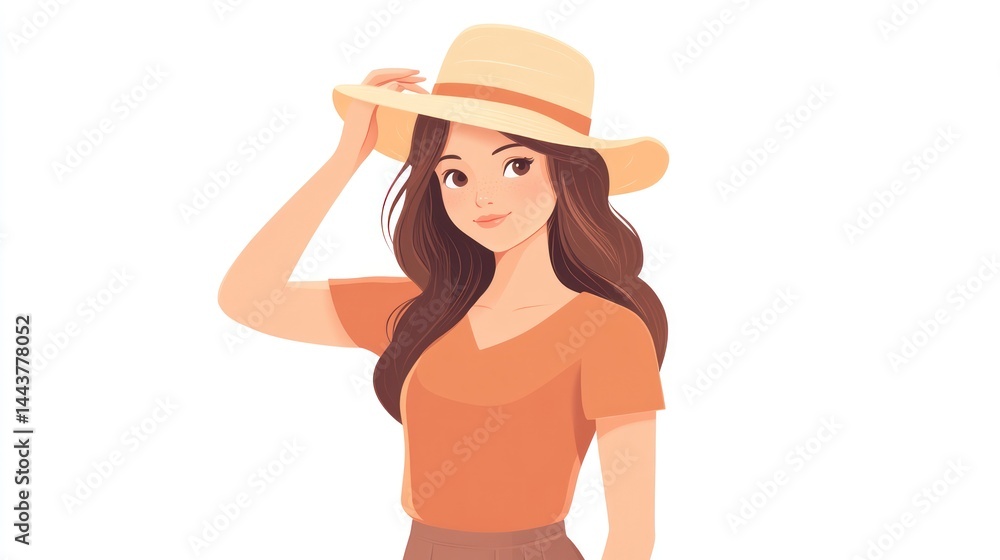 A woman in a stylish summer outfit with a straw hat perfect for fashion lifestyle and season A woman in a stylish summer outfit with a straw hat perfect for fashion lifestyle and season