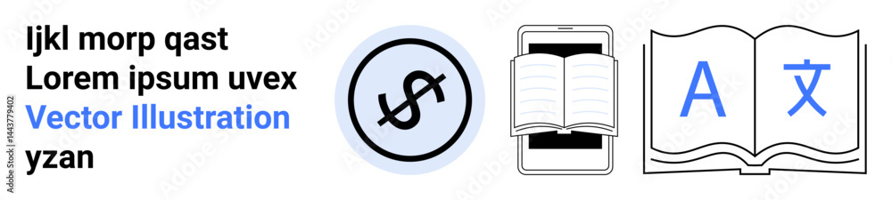 Mobile device displaying a book, international currency, and multilingual text icons. Ideal for language learning, translation service, global business, technology, education, finance simple landing Mobile device displaying a book, international currency, and multilingual text icons. Ideal for language learning, translation service, global business, technology, education, finance simple landing