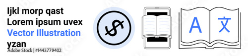Mobile device displaying a book, international currency, and multilingual text icons. Ideal for language learning, translation service, global business, technology, education, finance simple landing