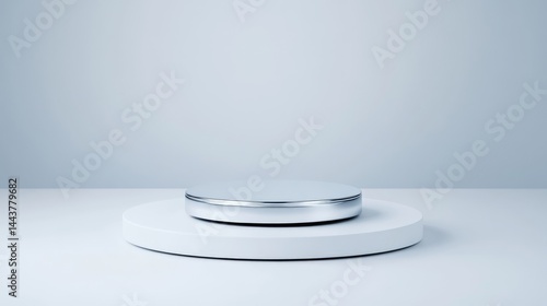 Minimalist, modern, white and silver circular podium.  Empty display platform for product presentation