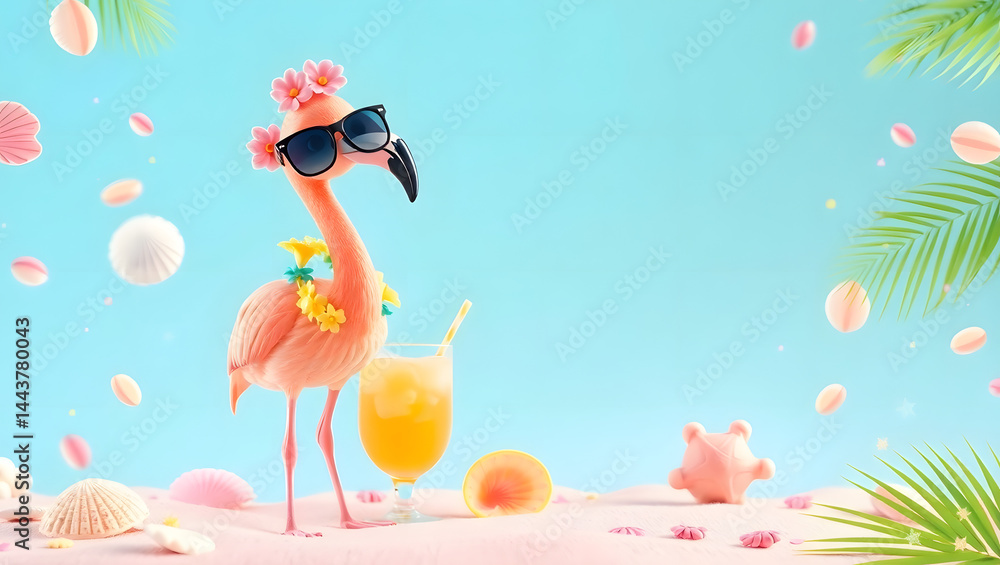 Naklejka premium Cool Flamingo Summer Festival Background Pastel Illustration