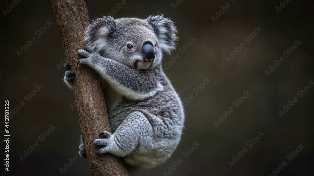Fototapeta premium A fluffy marsupial clinging to a tree branch showcasing its soft fur and curious expression