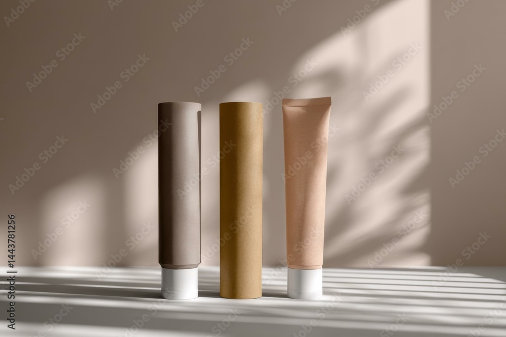Minimalist Display of Three Cosmetic Tubes with Natural Lighting and Shadow Patterns Minimalist Display of Three Cosmetic Tubes with Natural Lighting and Shadow Patterns