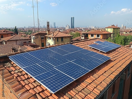 A wideangle shot of solar panels on the roofs of urban buildings, Green Energy, Sustainable and innovative