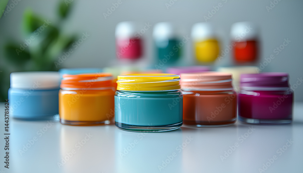 Open colorful cosmetic jars with a range of colors on light background. Concept of cosmetics assortment, skincare, organic facial and body creams, and beauty product display