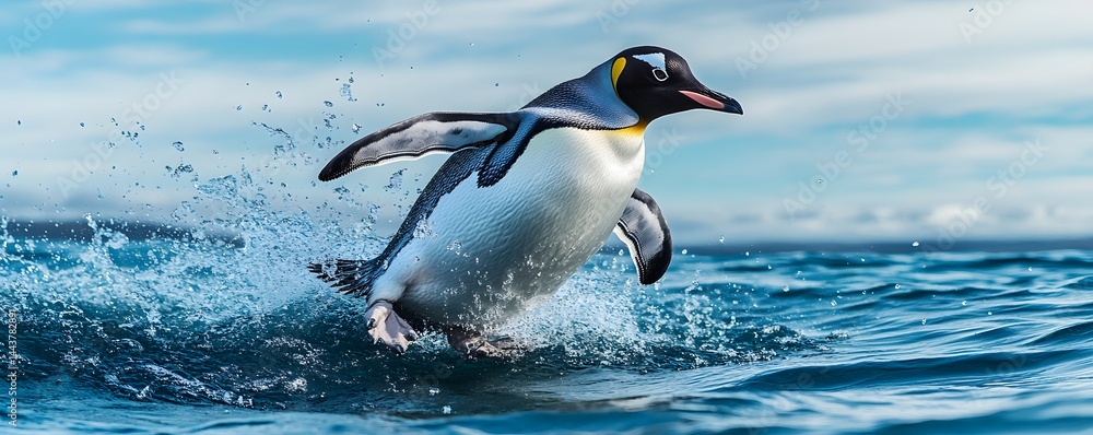 Obraz premium King penguin jumps gracefully from water creating dynamic splash