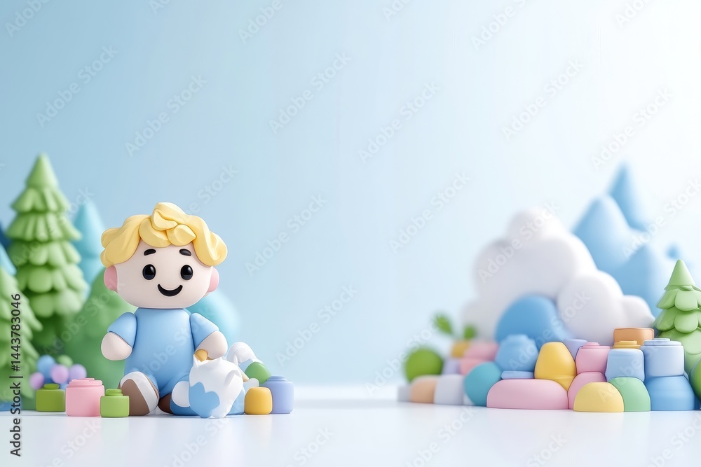 Fototapeta premium Cute clay boy figure sitting in a miniature pastel landscape with trees and mountains.