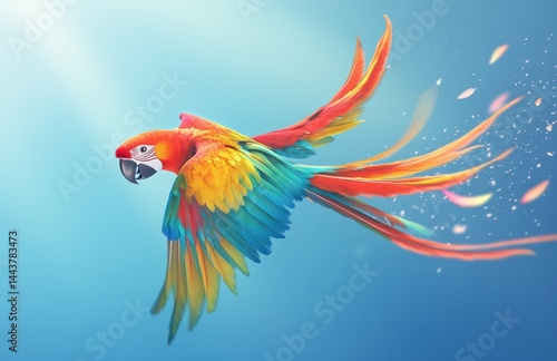 Wallpaper Mural Scarlet Macaw in flight, vibrant plumage, blue sky, colorful background, ideal for nature or pet themes Torontodigital.ca