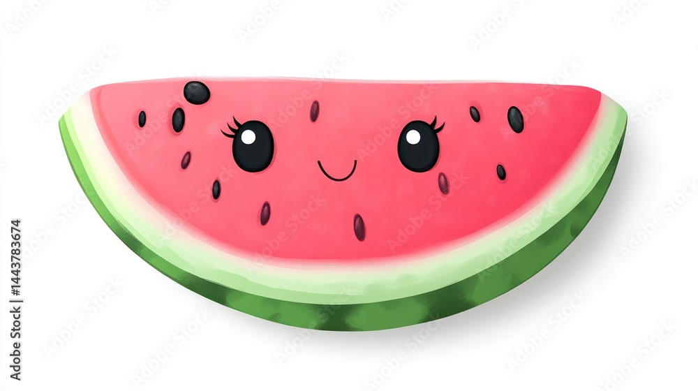 A cheerful slice of watermelon with a cute face perfect for summer designs and childrens cont A cheerful slice of watermelon with a cute face perfect for summer designs and childrens cont