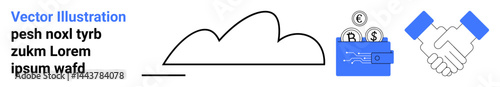 Cloud symbol, wallet with currency coins, and handshake. Ideal for technology, finance, partnership, investment, data solutions, business relationships simple landing page