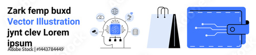Human head surrounded by digital icons representing connection, shopping bags, and digital wallet with circuits. Ideal for fintech, technology, shopping, AI concepts, networking, innovation