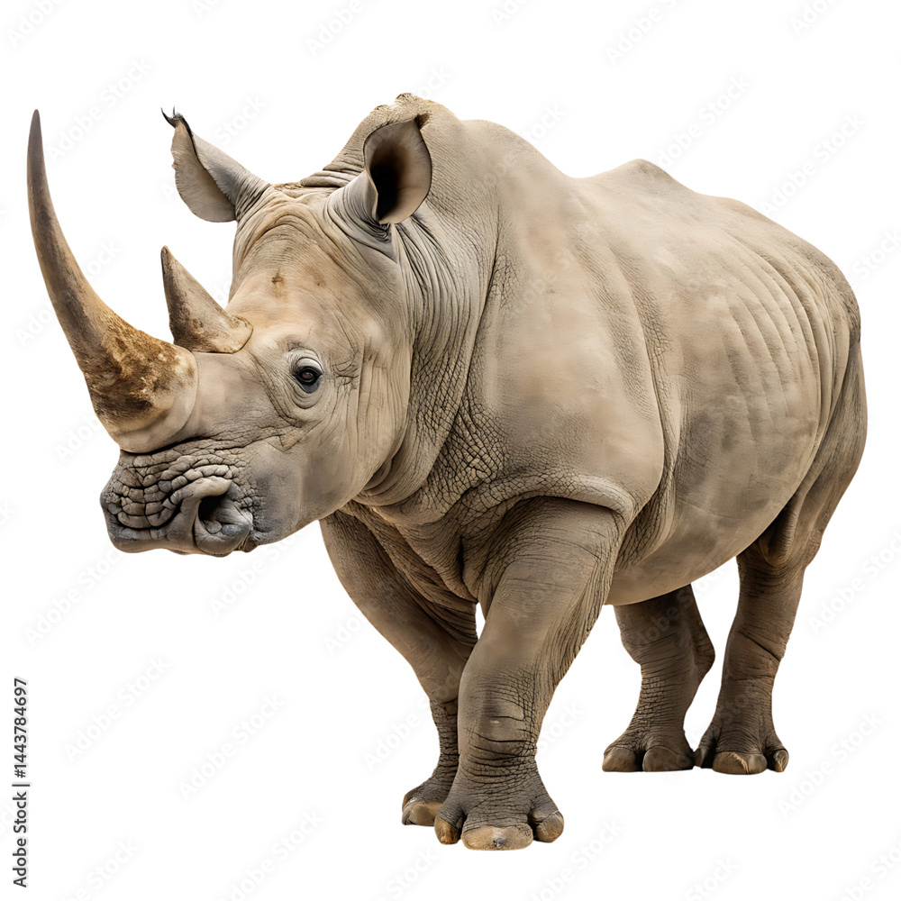 Fototapeta premium A close up of a rhinoceros with its characteristic horn, walking with confidence, captured on a pristine Transparent Background