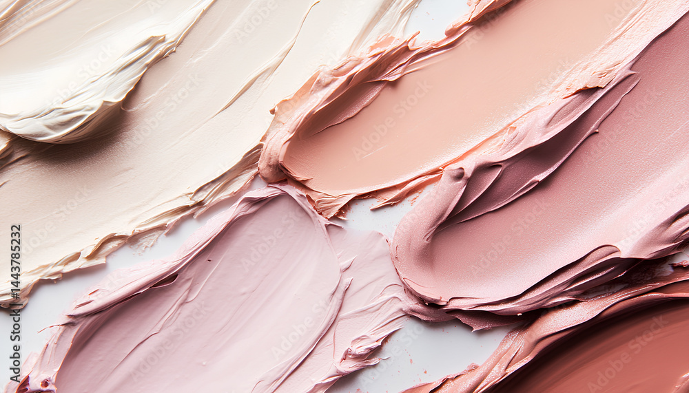 Top view of smeared and crushed makeup powders in beige, rose, and mauve tones, cosmetic texture swatches on white background