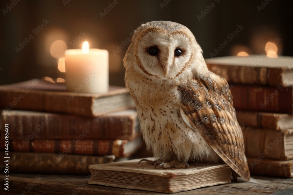 Obraz premium Barn Owl Perched on Aged Books with Candlelight, Symbolizing Knowledge and Wisdom