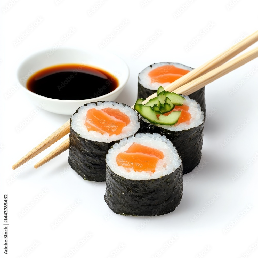 Salmon Maki sushi with soy, chopsticks, on white. Salmon Maki sushi with soy, chopsticks, on white.