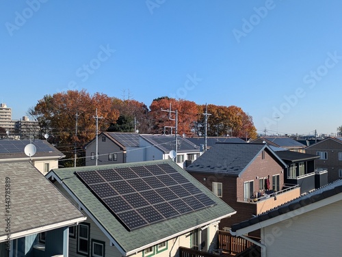 aerial view,cityscape,residential neighborhood,autumn colors,solar panels on rooftops,blue sky,landscape,architecture,urban setting
