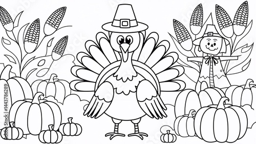 coloring page for kids with cute big turkey for thanksgiving