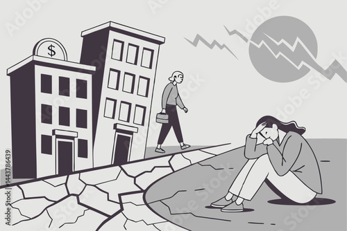 Illustration showing a woman sitting in despair with cracked ground and buildings in the background and sun