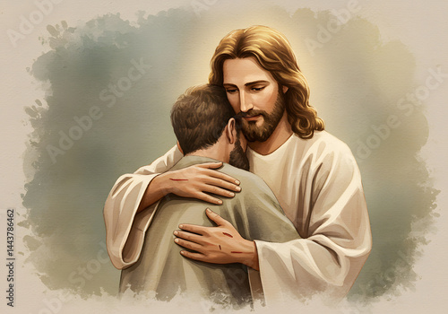 Jesus Christ Hugging a Person Compassion, Comfort, Christian Faith, Love and Support.