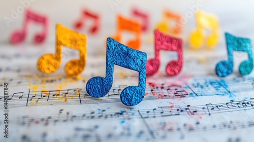 Colorful music notes on sheet music