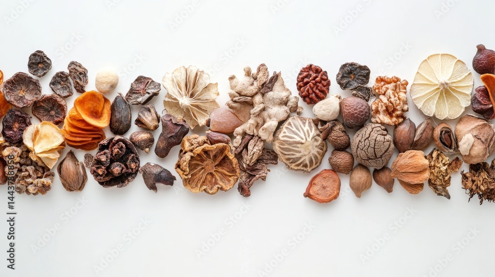 Obraz premium Dried fruit, white backdrop.