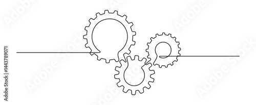 Gears wheels in one continuous line drawing. Three cogwheels in simple linear style. Symbol of teamwork and development in editable stroke. Minimalistic vector illustration