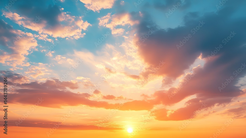 Obraz premium Vibrant sunset sky with colorful cloudscape orange hues red blue pink view scene light image photo