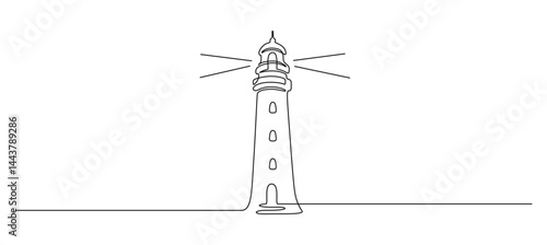 Lighthouse tower in one continuous line drawing. Light house with beams of light shining in all directions in simple linear style. Sea coast in Editable stroke. Contour vector illustration