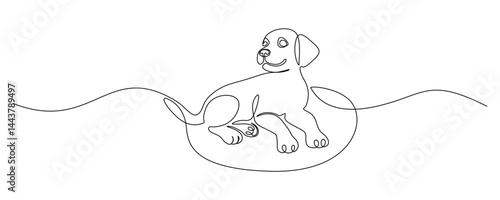 Playful puppy in one continuous line drawing. Friendly dog in simple linear style. Symbol of cute animal for pet shop card and banner in editable stroke. Doodle vector illustration