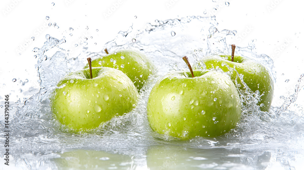 green apple splashing in fresh water isolated on white or transparent png