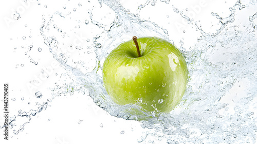 green apple splashing in fresh water isolated on white or transparent png
