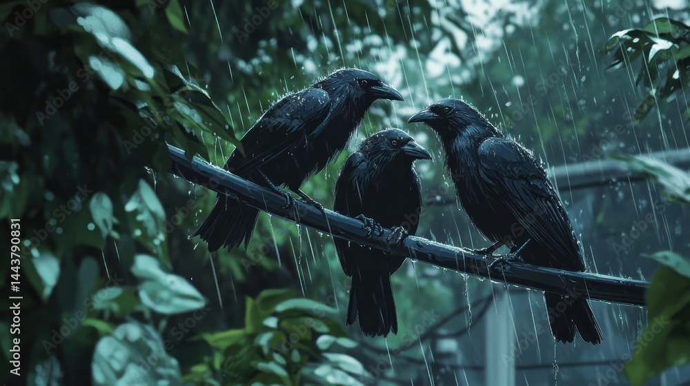 Fototapeta premium Crows in Rainy Jungle
