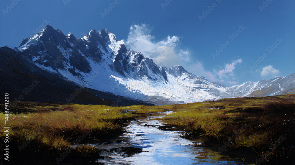 Serene mountain landscape with a meandering stream, under a clear blue sky and snow-capped peaks. Serene mountain landscape with a meandering stream, under a clear blue sky and snow-capped peaks.