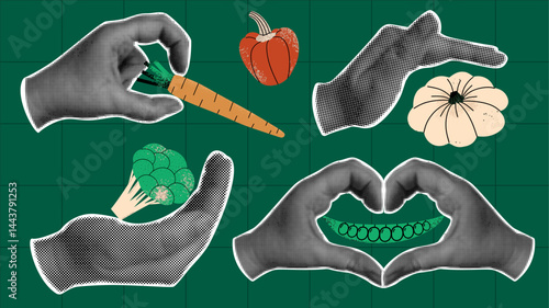 Set of retro collage elements with halftone hands and vegetables, red pepper, carrot, broccoli, green peas and zucchini.