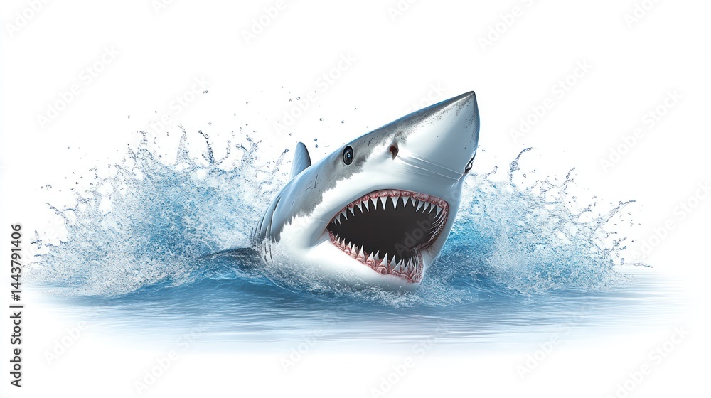 Fototapeta premium Fierce Predator Emerging from the Water Great Shark with Sharp Teeth and Splashing Waves Wild