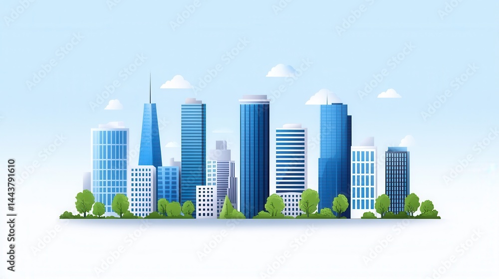 Modern City Skyline with Blue Skyscrapers and Lush Green Trees