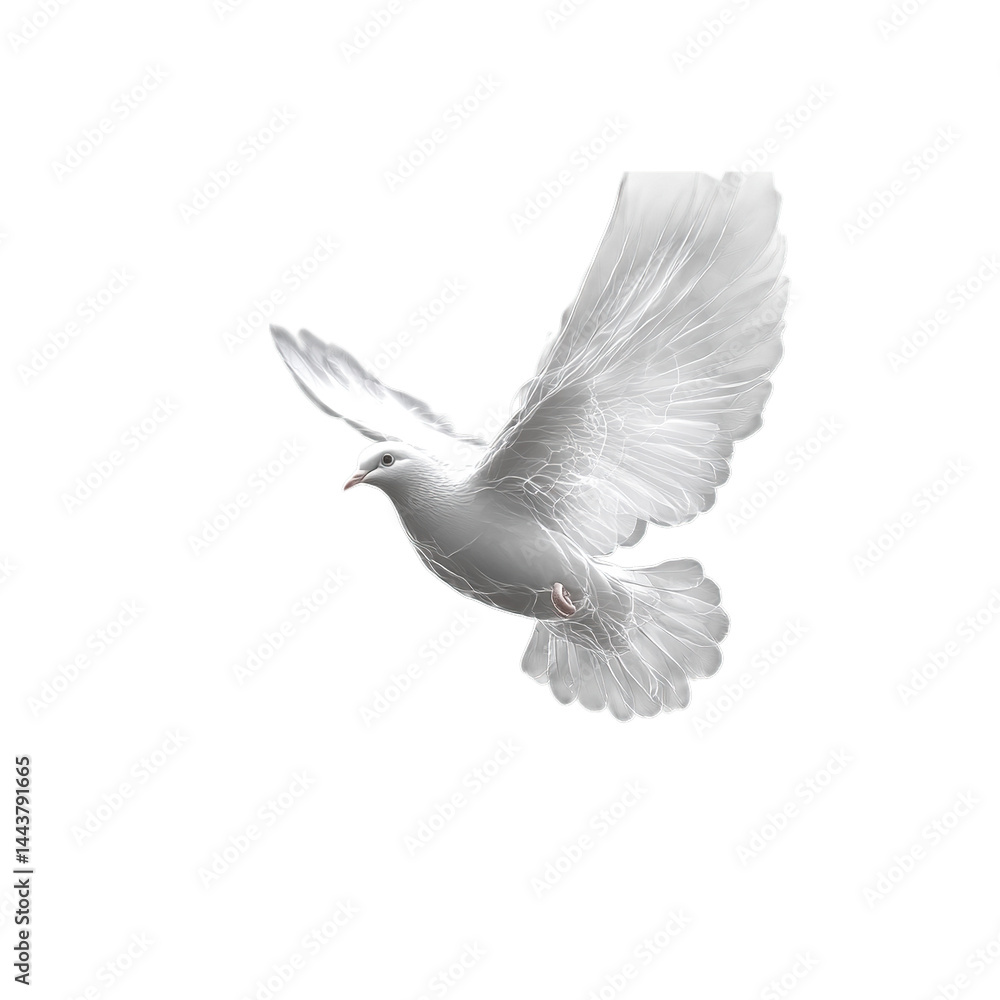 Fototapeta premium White Dove in Flight Elegant Peace Symbol Spiritual Bird Black Background Hope Calm Wings Grace
