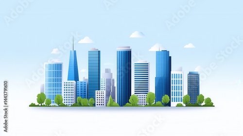 Obraz na płótnie Modern City Skyline with Blue Skyscrapers and Lush Green Trees w salonie