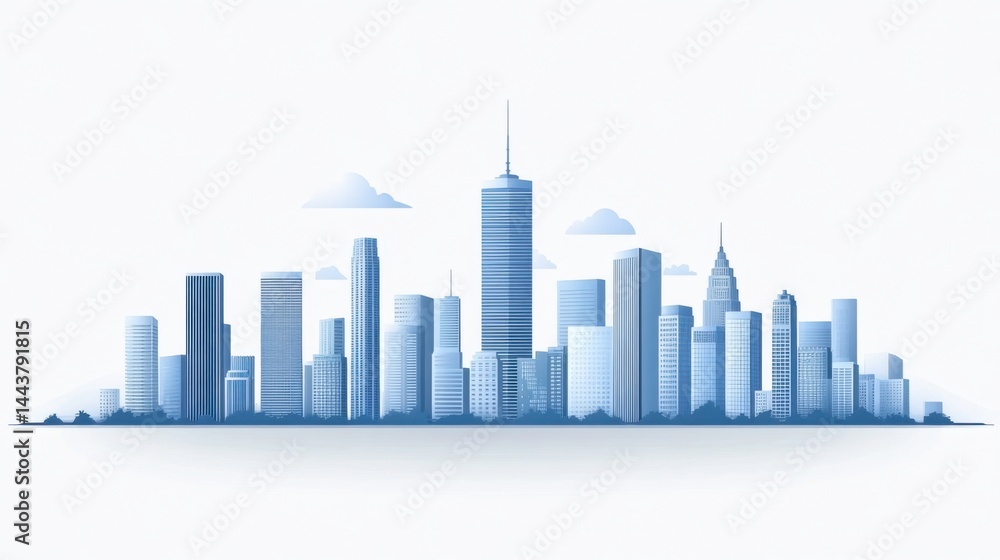 Obraz premium Abstract City Skyline in Blue Tones with Clouds and Minimalist Style