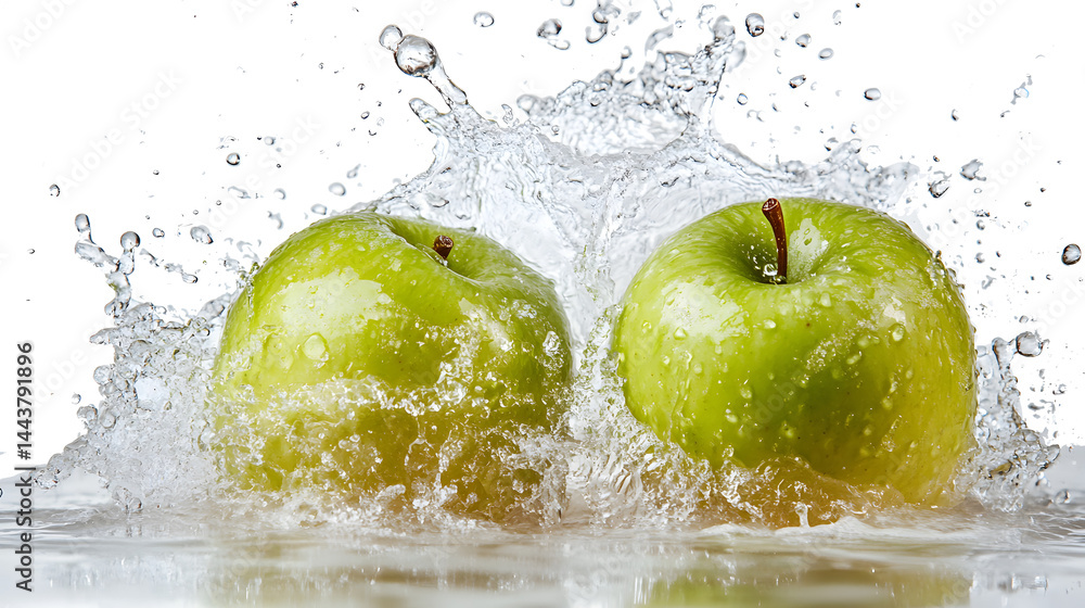 green apple splashing in fresh water isolated on white or transparent png