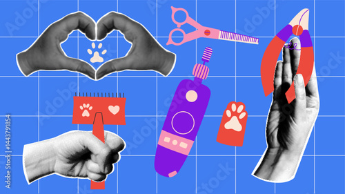 Pet grooming. Halftone collage with hands holding scissors, comb, paw, nail nipper. Vector vintage design elements